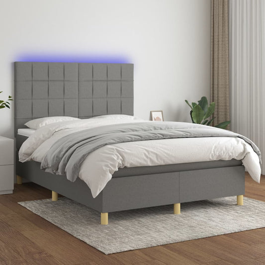 Box spring bed with mattress &amp; LED dark grey 140x200 cm fabric