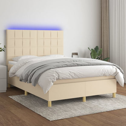 Box spring bed with mattress &amp; LED cream 140x200 cm fabric