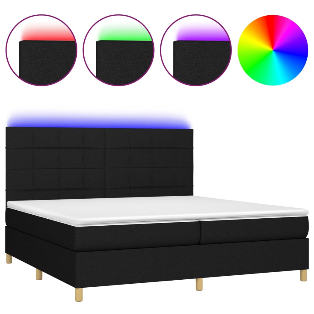 Box spring bed with mattress &amp; LED black 200x200 cm fabric