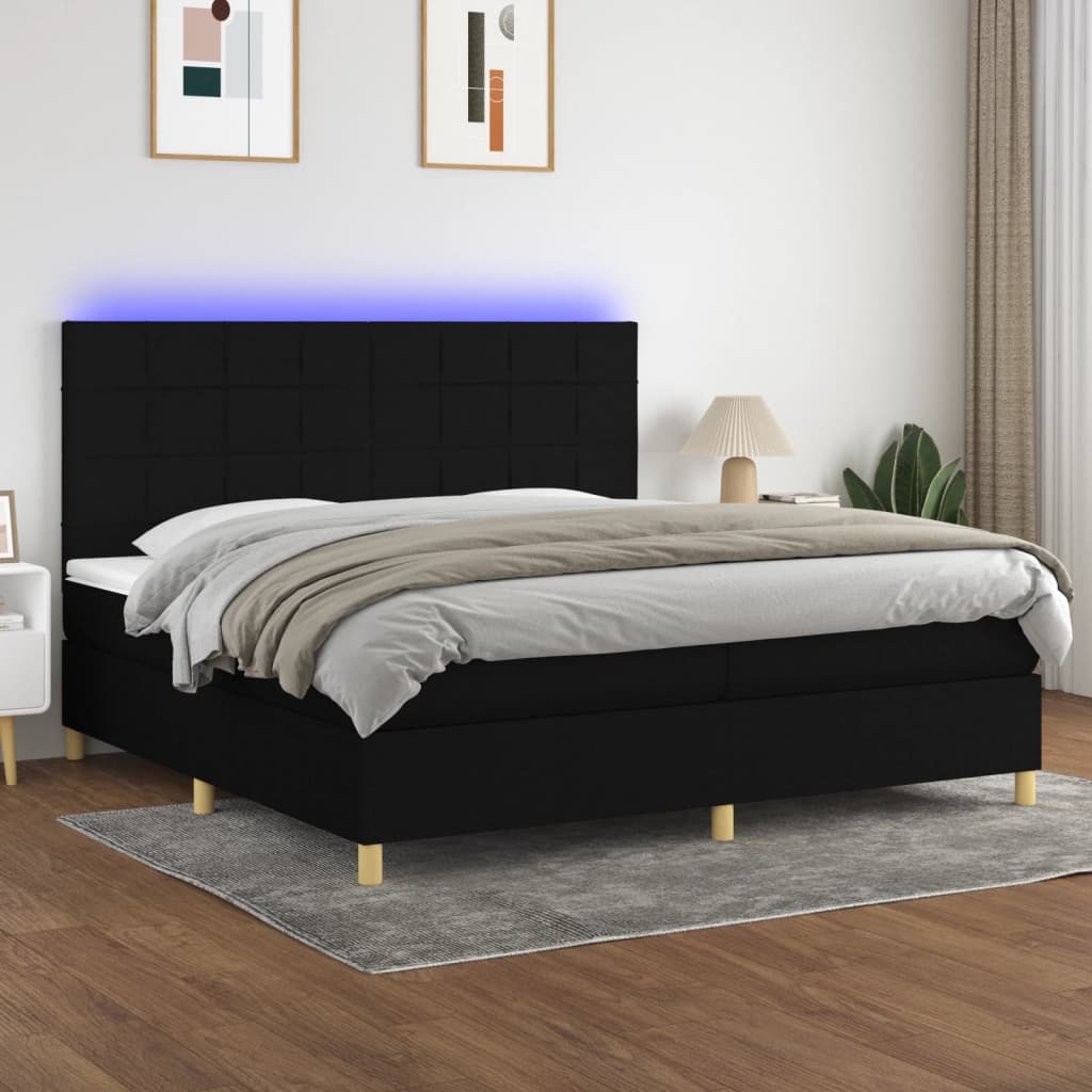 Box spring bed with mattress &amp; LED black 200x200 cm fabric