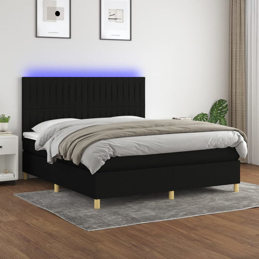 Box spring bed with mattress &amp; LED black 160x200 cm fabric