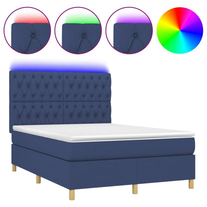 Box spring bed with mattress &amp; LED blue 140x200 cm fabric