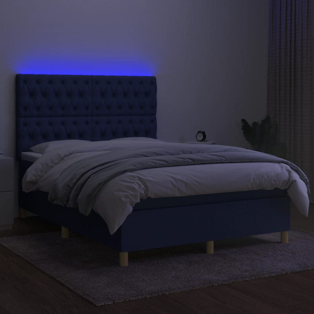 Box spring bed with mattress &amp; LED blue 140x200 cm fabric