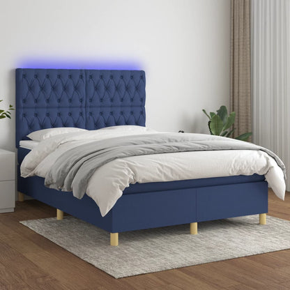 Box spring bed with mattress &amp; LED blue 140x200 cm fabric