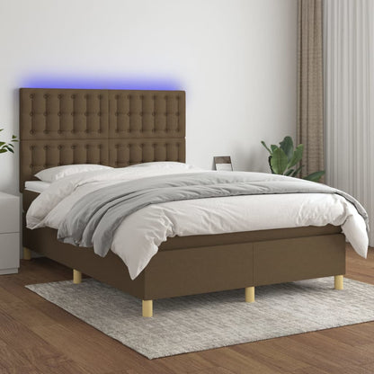 Box spring bed with mattress &amp; LED dark brown 140x200 cm fabric