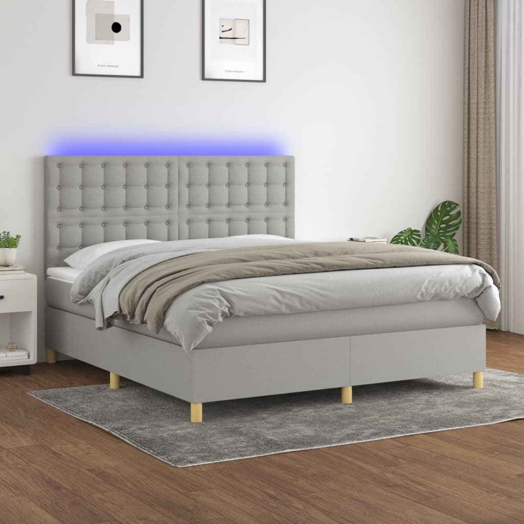 Box spring bed with mattress &amp; LED light grey 160x200 cm fabric