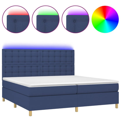 Box spring bed with mattress &amp; LED blue 200x200 cm fabric