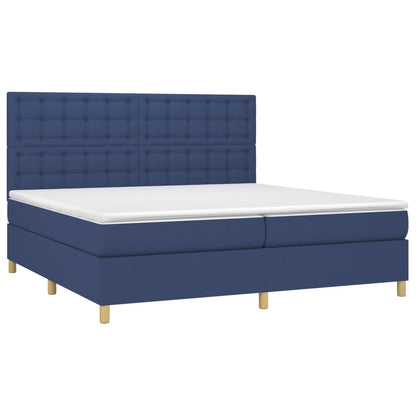 Box spring bed with mattress &amp; LED blue 200x200 cm fabric