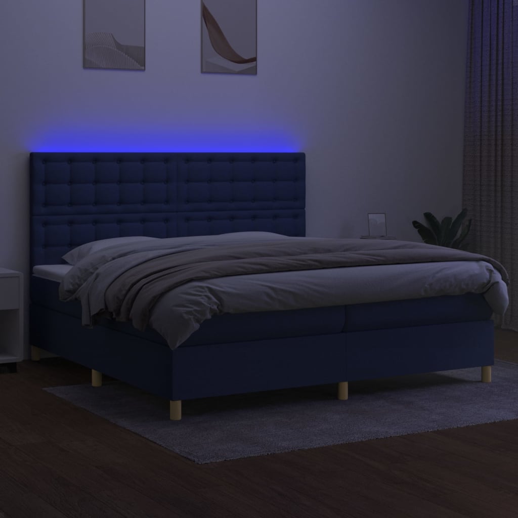 Box spring bed with mattress &amp; LED blue 200x200 cm fabric