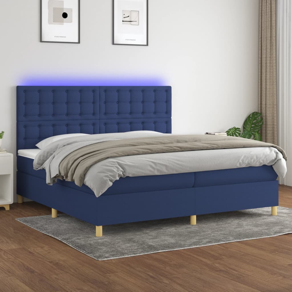 Box spring bed with mattress &amp; LED blue 200x200 cm fabric