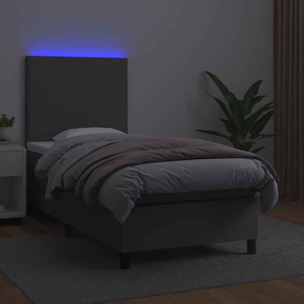 Box spring krevet s madracem i LED siva umjetna koža 90x200 cm