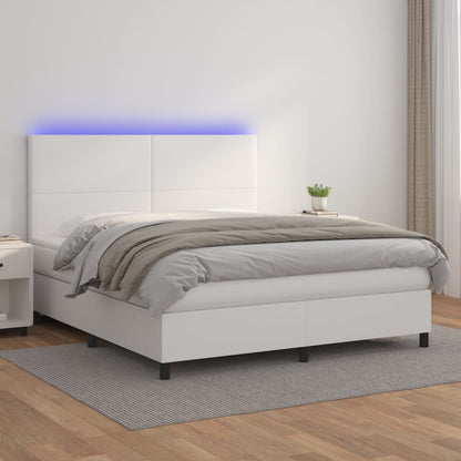 Box spring bed with mattress &amp; LED white 160x200 cm artificial leather