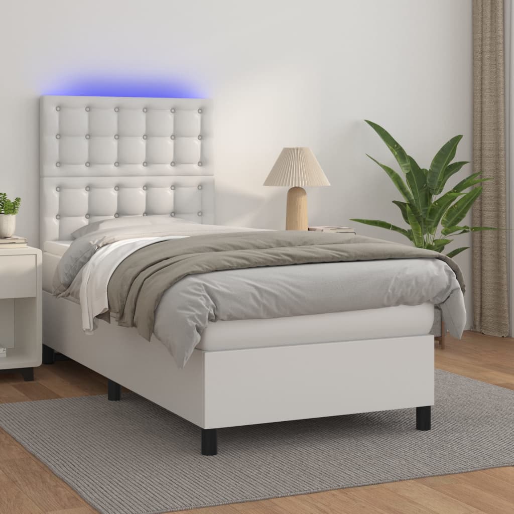 Boxspringbett mit Matratze & LED Weiß 90x200 cm Kunstleder