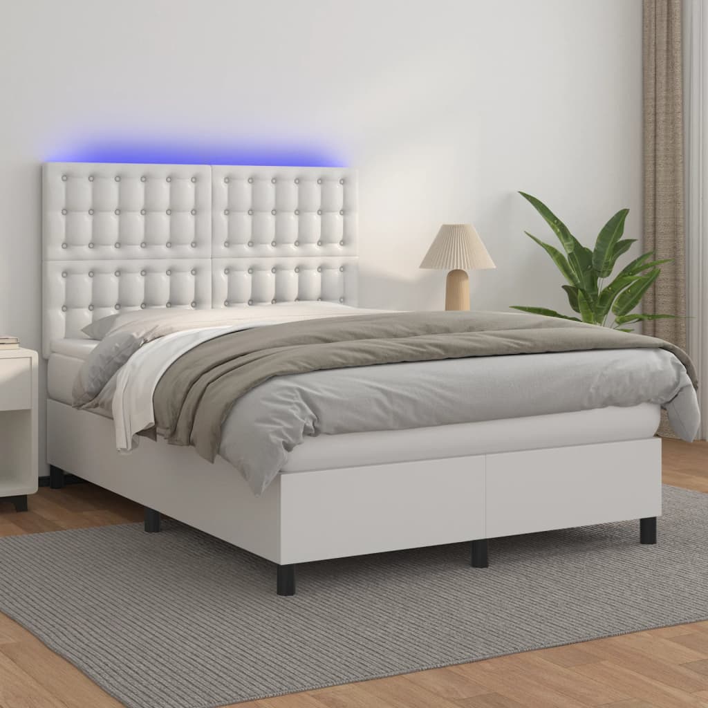 Boxspringbett mit Matratze & LED Weiß 140x200 cm Kunstleder