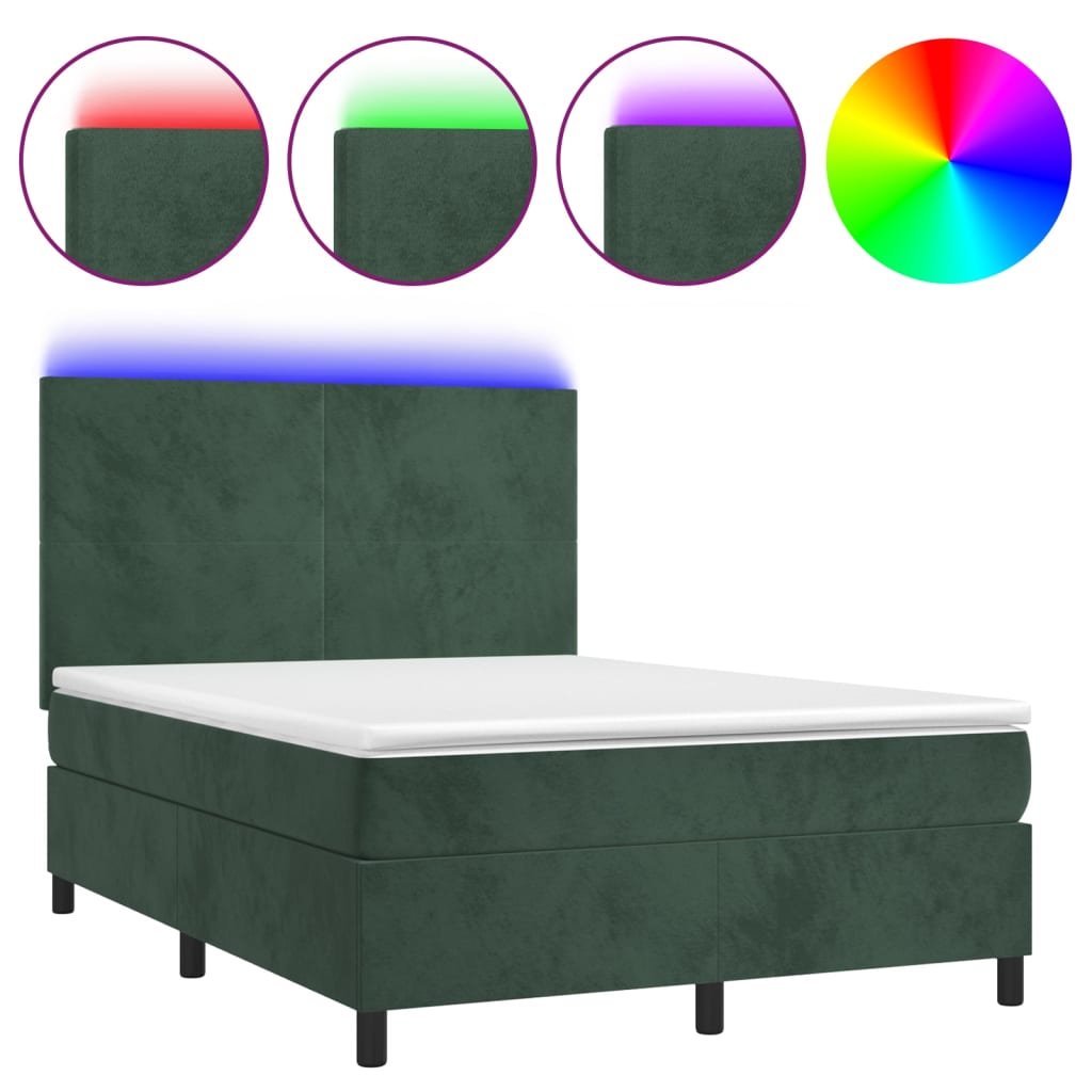 Box spring bed with mattress &amp; LED dark green 140x200 cm velvet