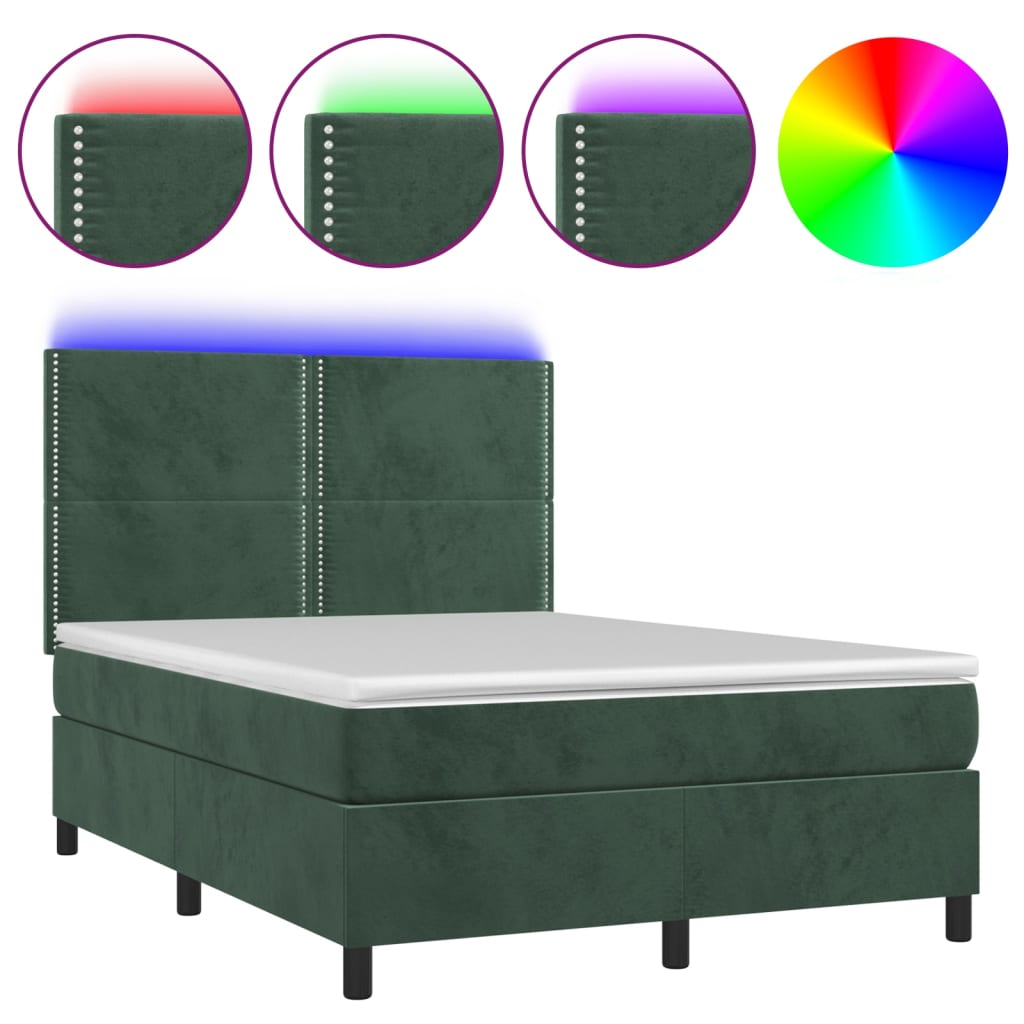 Box spring bed with mattress &amp; LED dark green 140x200 cm velvet