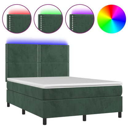 Box spring bed with mattress &amp; LED dark green 140x200 cm velvet