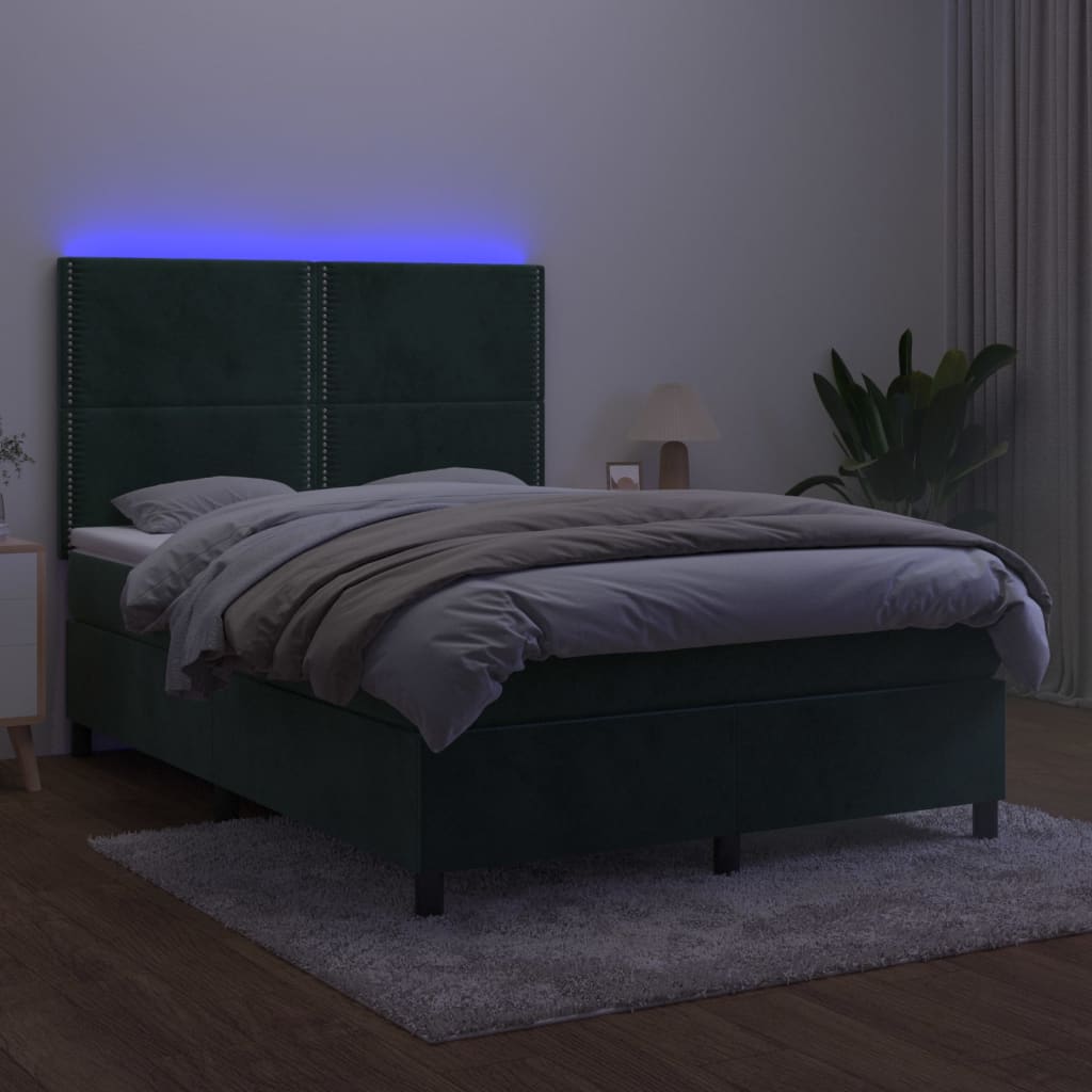 Box spring bed with mattress &amp; LED dark green 140x200 cm velvet