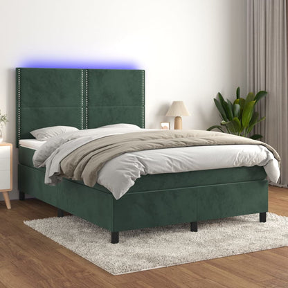 Box spring bed with mattress &amp; LED dark green 140x200 cm velvet