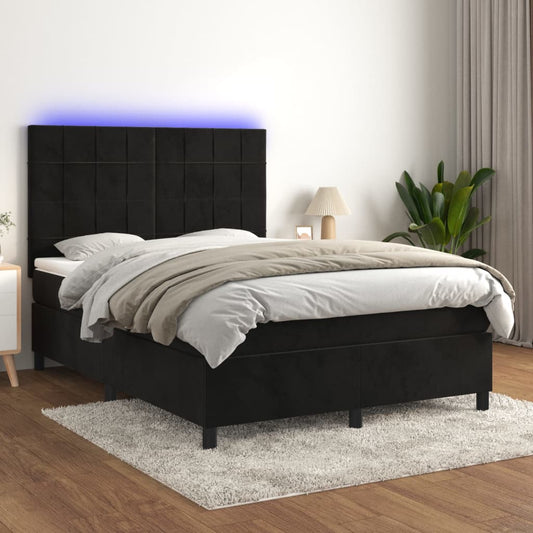 Box spring bed with mattress &amp; LED black 140x200 cm velvet