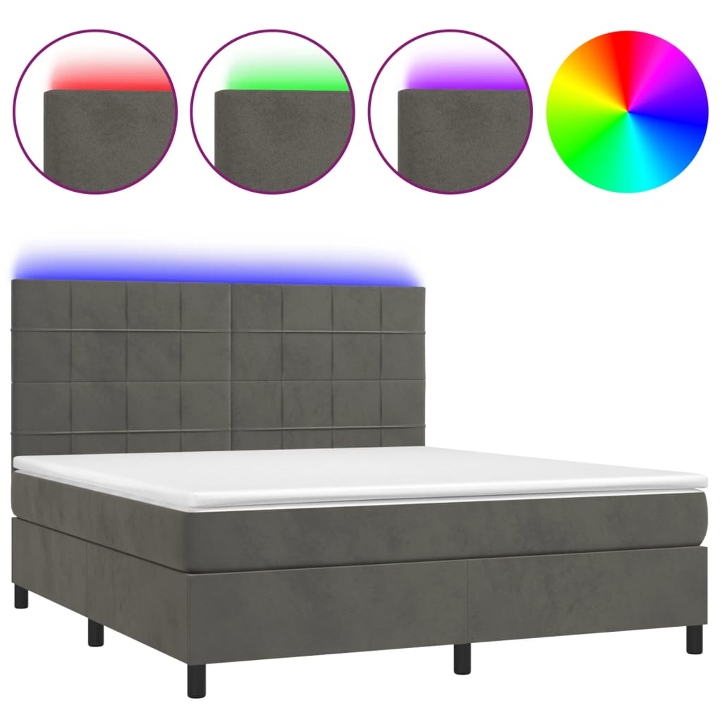 Box spring bed with mattress &amp; LED dark grey 160x200 cm velvet