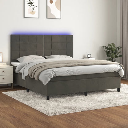 Box spring bed with mattress &amp; LED dark grey 160x200 cm velvet