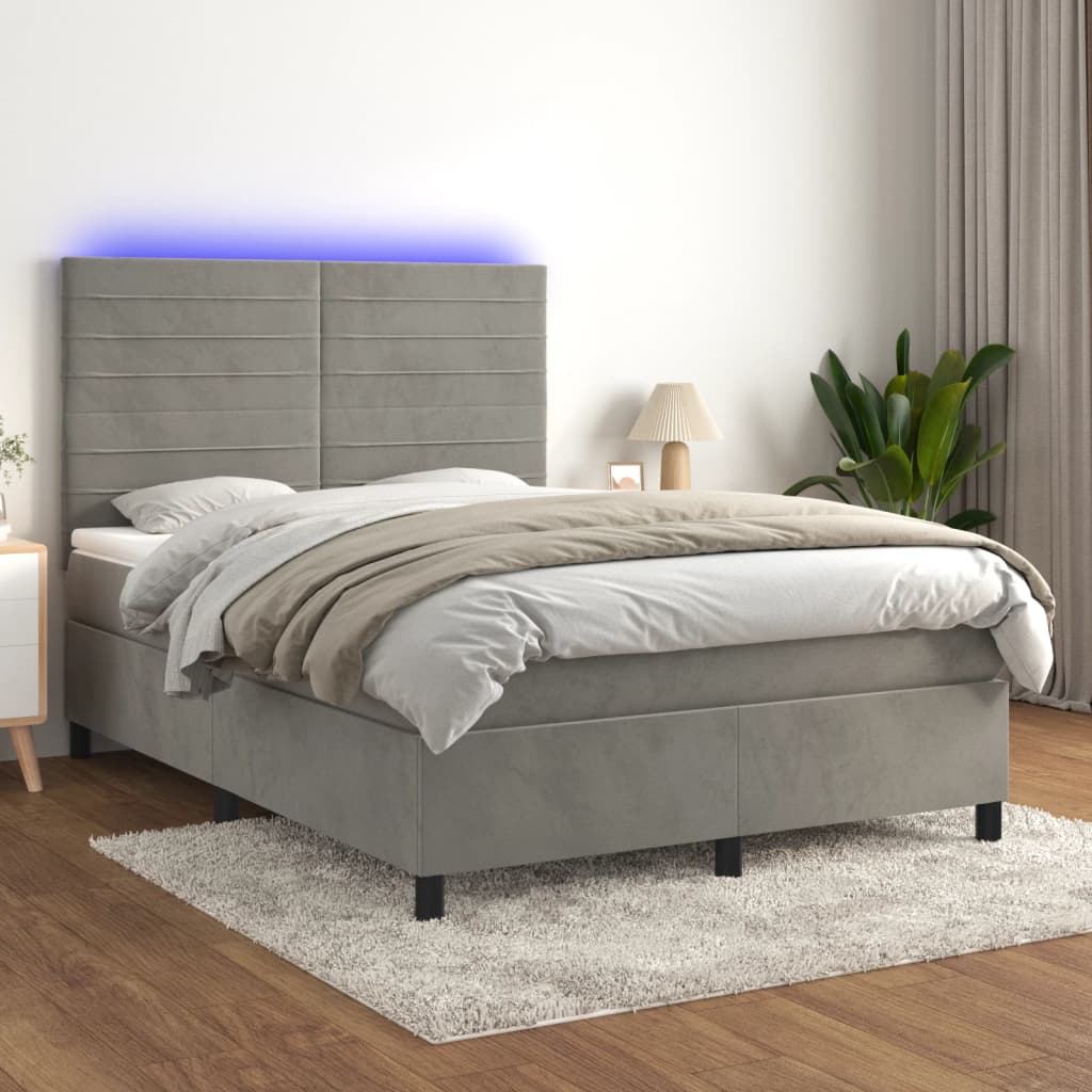 Box spring krevet s madracem i LED svjetlo sivi 140x200 cm baršun