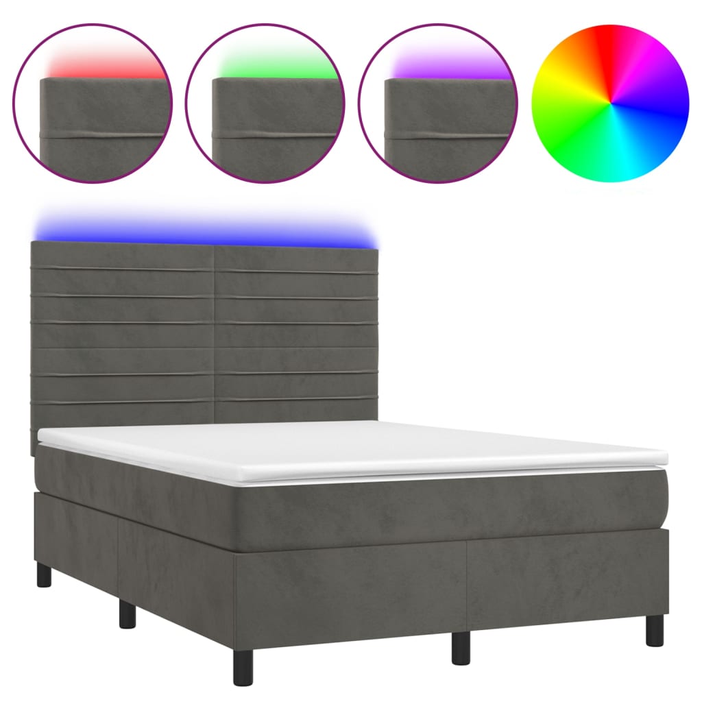 Box spring bed with mattress &amp; LED dark grey 140x200 cm velvet