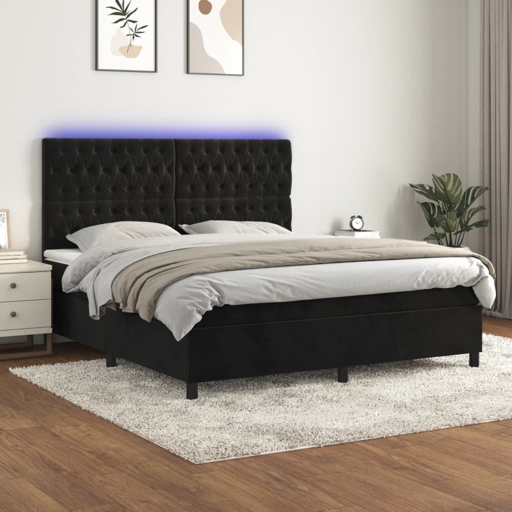 Box spring bed with mattress &amp; LED black 160x200 cm velvet