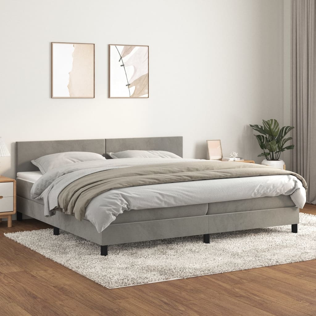 Box spring bed with mattress light grey 200x200 cm velvet