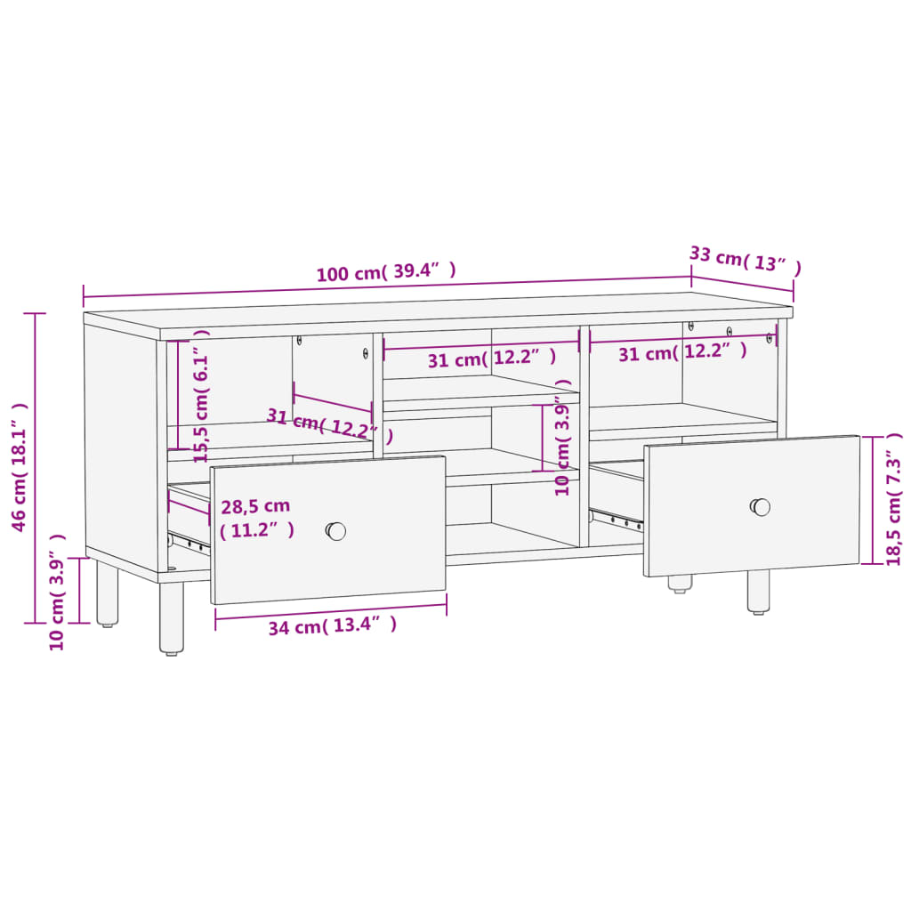 TV-Schrank 100x33x46 cm Massivholz Mango