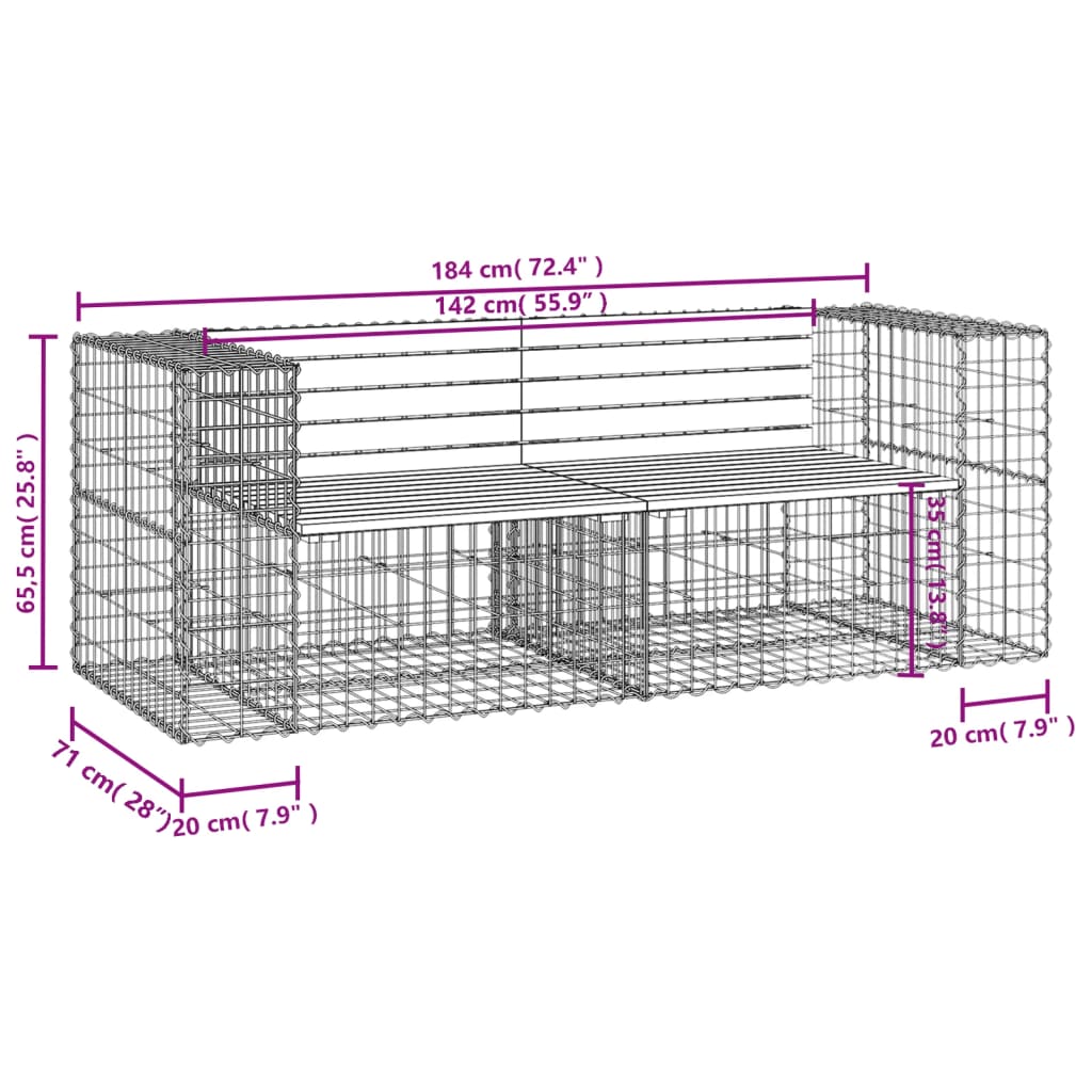 Gartenbank aus Gabionen 184x71x65,5 cm Massivholz Kiefer