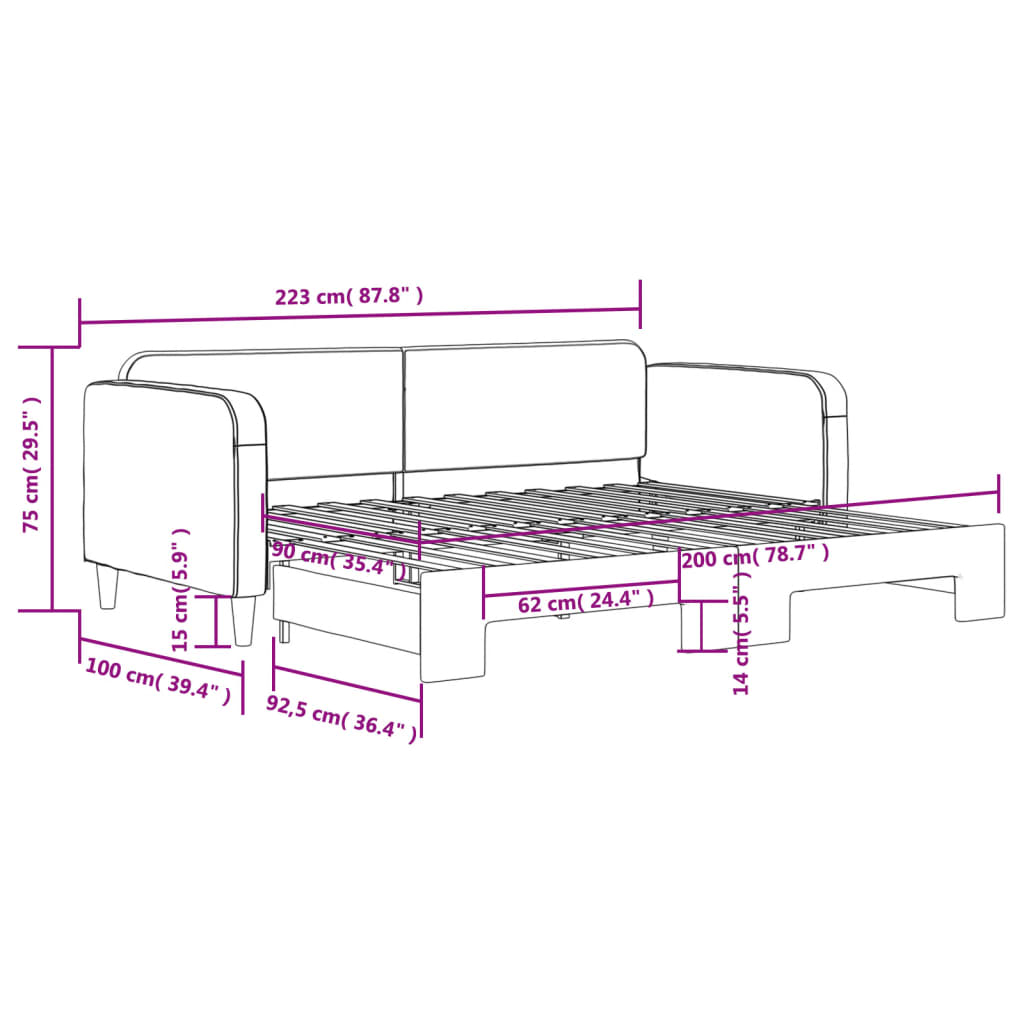 Tagesbett Ausziehbar Schwarz 90x200 cm Stoff