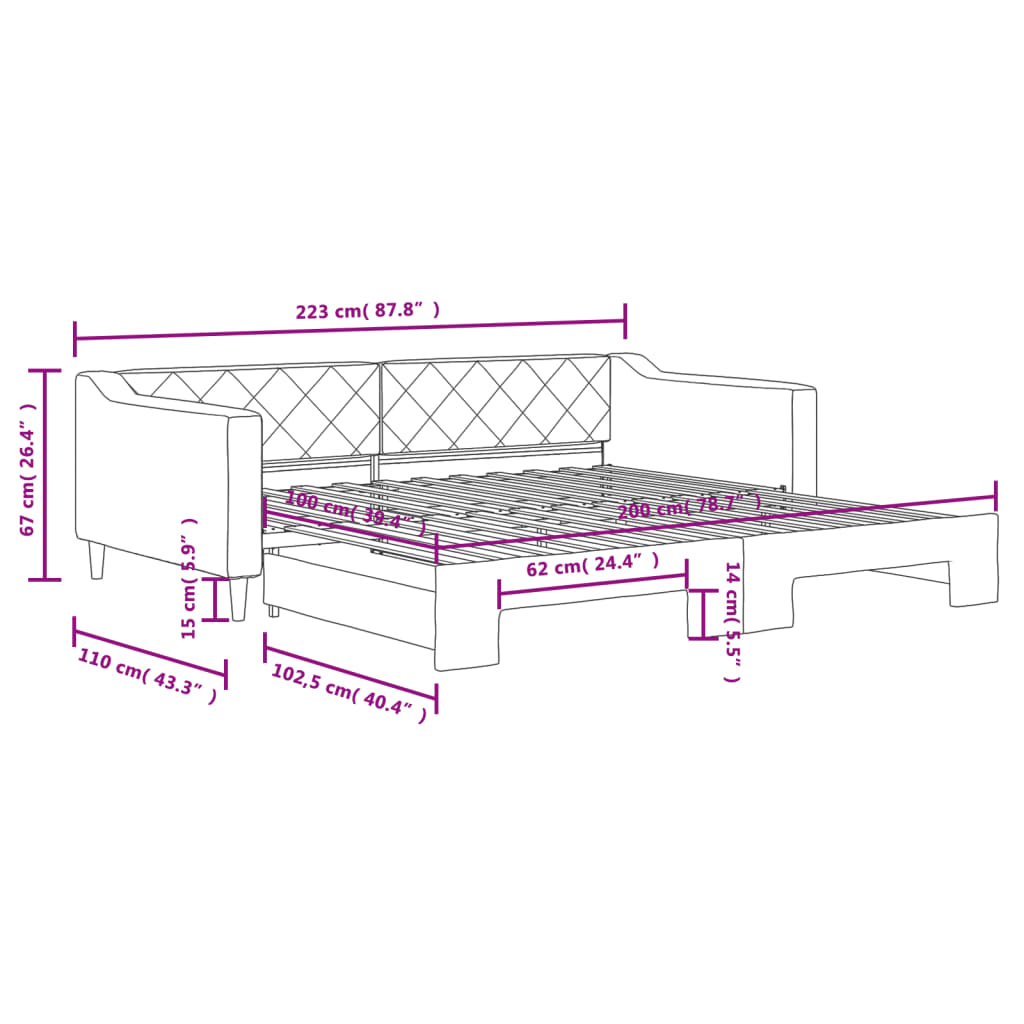 Tagesbett Ausziehbar Hellgrau 100x200 cm Stoff