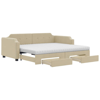 Tagesbett Ausziehbar mit Schubladen Creme 90x200 cm Stoff