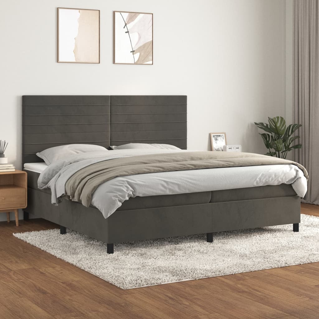 Box spring bed with mattress dark grey 200x200 cm velvet