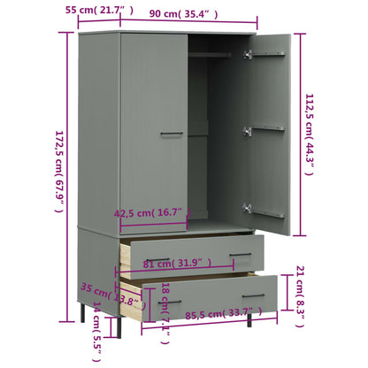 Kleiderschrank OSLO Metallbeine Grau 90x55x172,5cm Massivholz