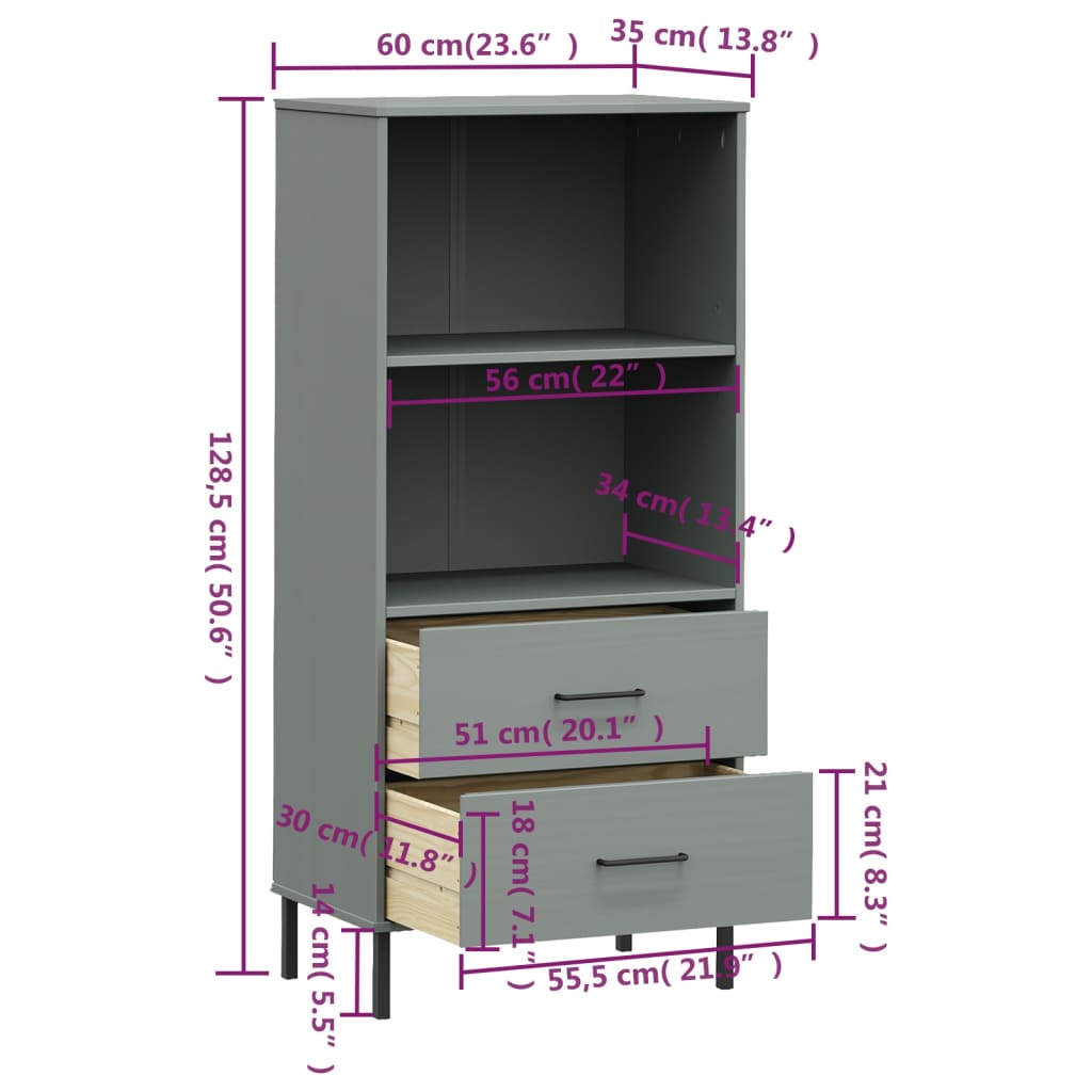 OSLO polica za knjige s 2 ladice siva 60x35x128,5cm puno drvo