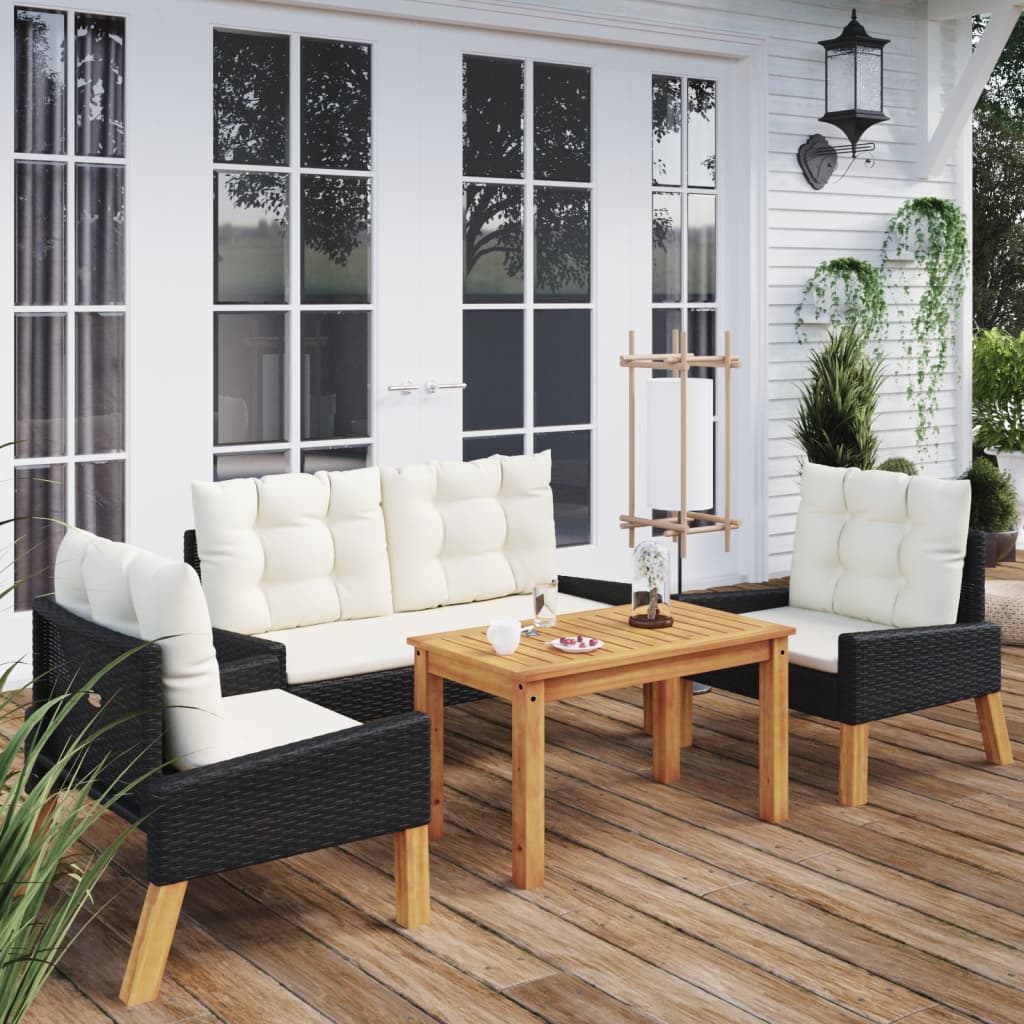 4-piece garden lounge set with cushions poly rattan &amp; solid wood