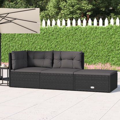 3-tlg. Garten-Lounge-Set mit Kissen Schwarz Poly Rattan