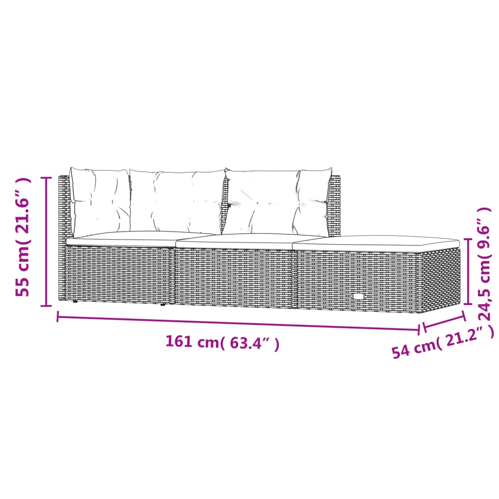 3-tlg. Garten-Lounge-Set mit Kissen Grau Poly Rattan