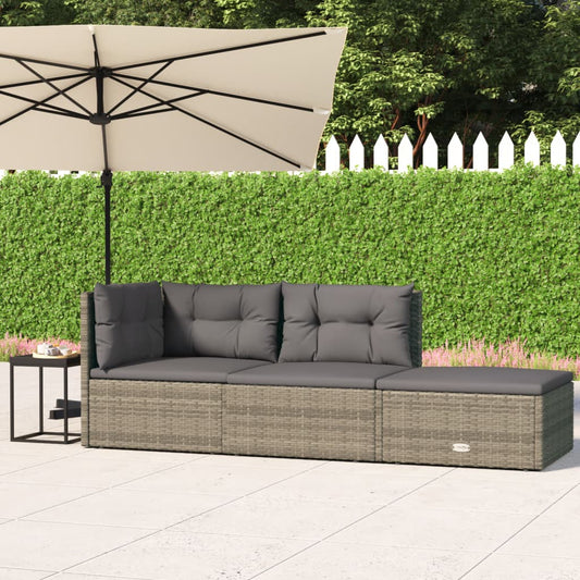 3-tlg. Garten-Lounge-Set mit Kissen Grau Poly Rattan