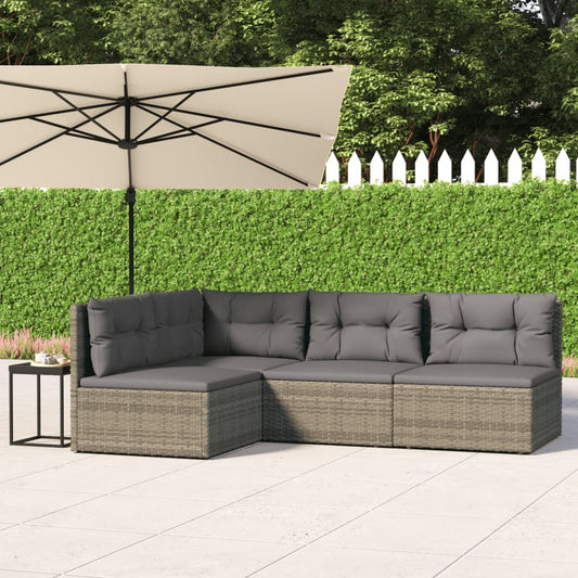 4-tlg. Garten-Lounge-Set mit Kissen Grau Poly Rattan