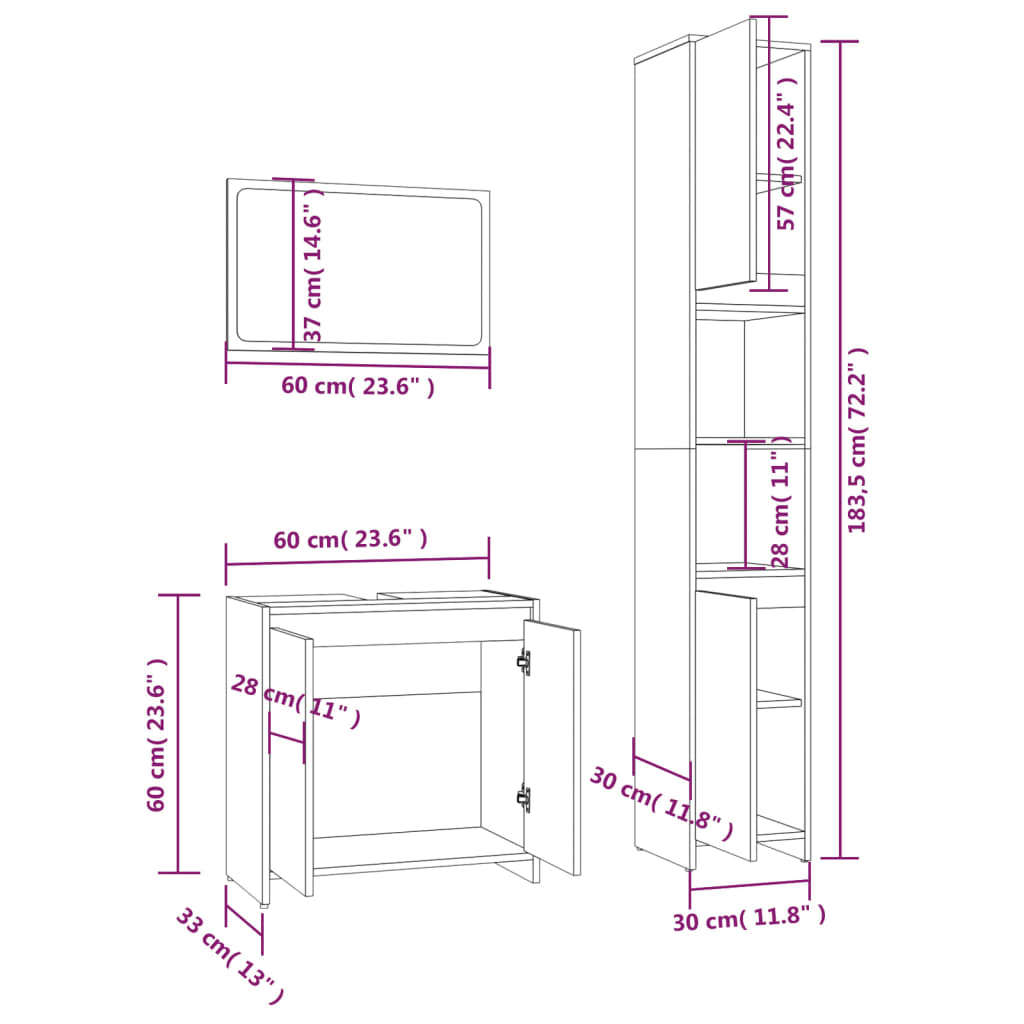 3-tlg. Badmöbel-Set Räuchereiche Holzwerkstoff