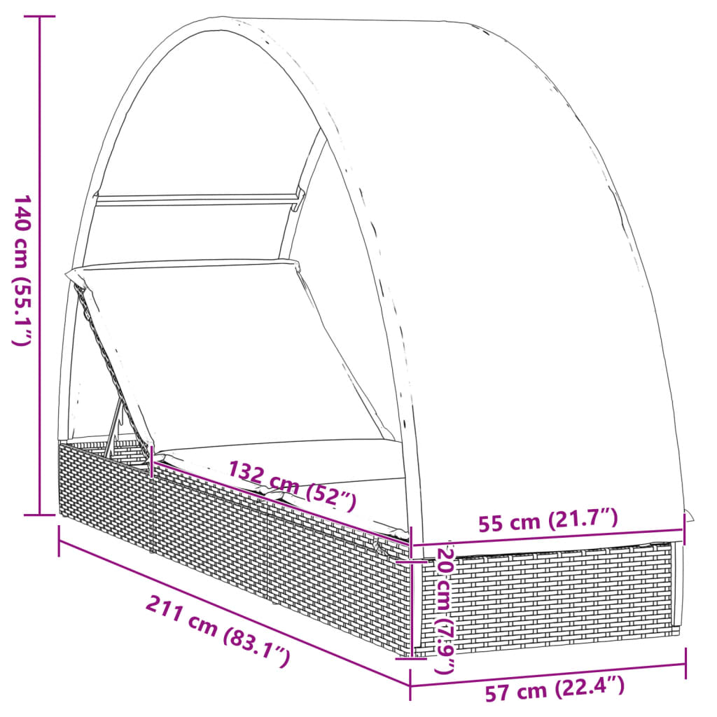 Sonnenliege mit Runddach Braun 211x57x140 cm Poly Rattan