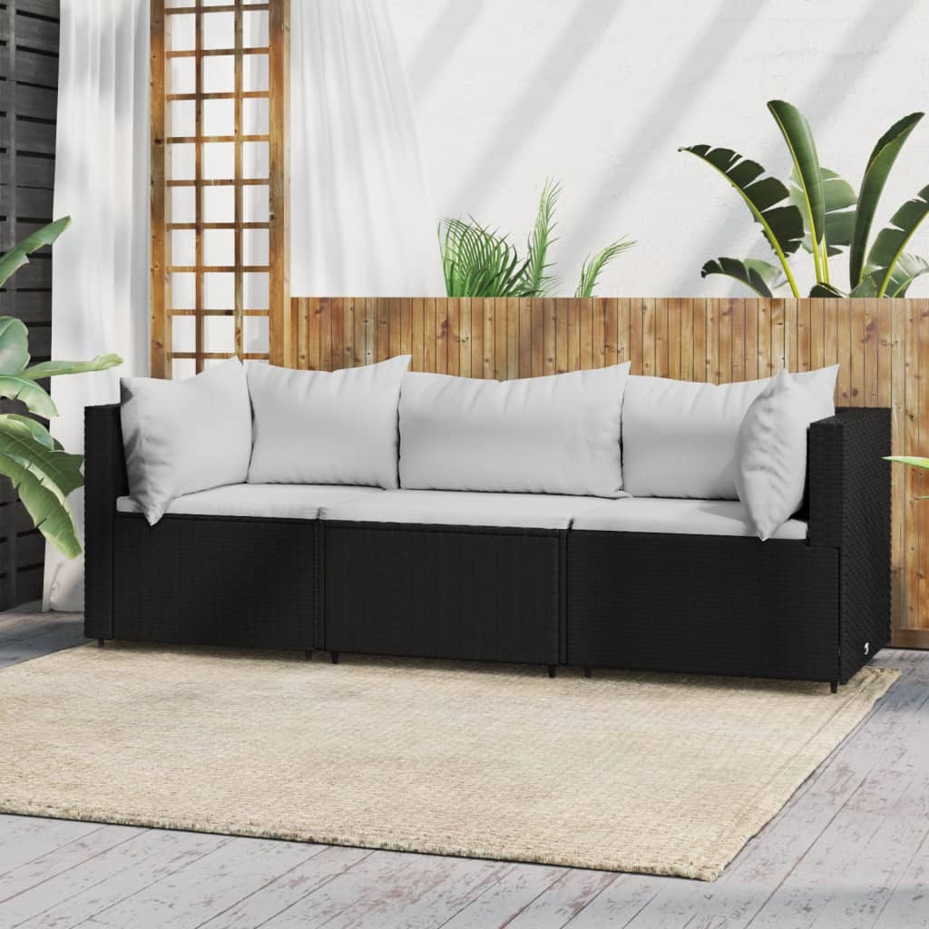 3-tlg. Garten-Lounge-Set mit Kissen Schwarz Poly Rattan