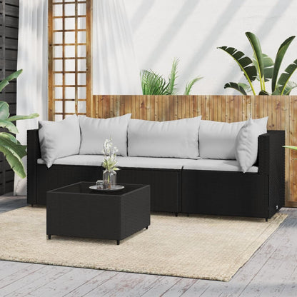 4-tlg. Garten-Lounge-Set mit Kissen Schwarz Poly Rattan