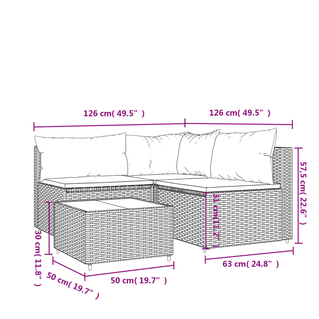 4-tlg. Garten-Lounge-Set mit Kissen Braun Poly Rattan