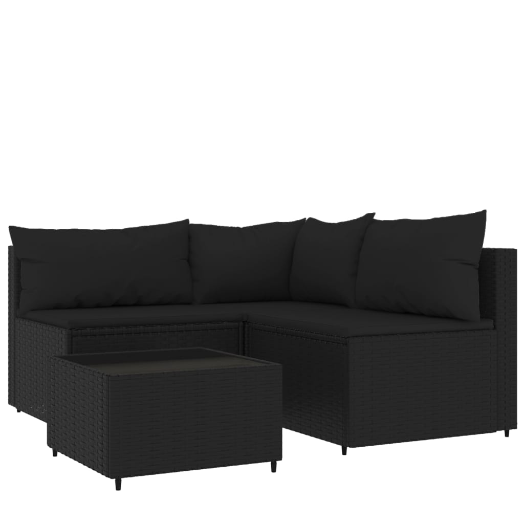 4-tlg. Garten-Lounge-Set mit Kissen Schwarz Poly Rattan