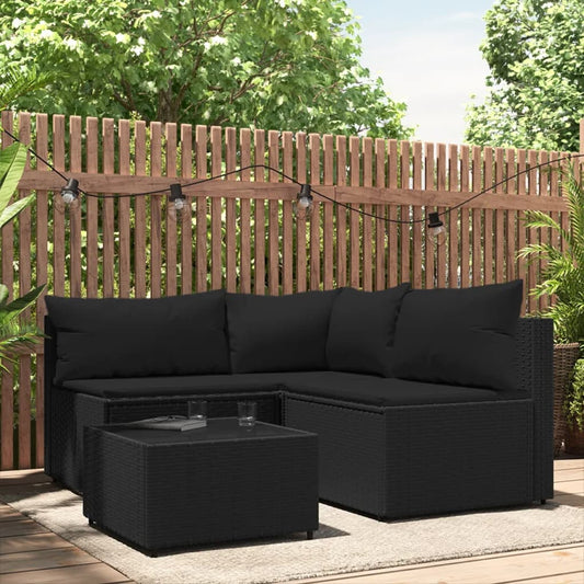 4-tlg. Garten-Lounge-Set mit Kissen Schwarz Poly Rattan